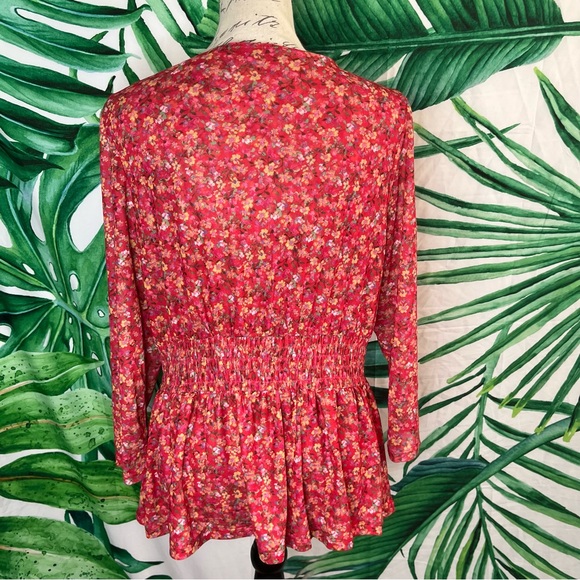 Lane Bryant 14/16 Red Floral Semi-Sheer Cinched Waist Spring Summer V Neck Top - Picture 3 of 9
